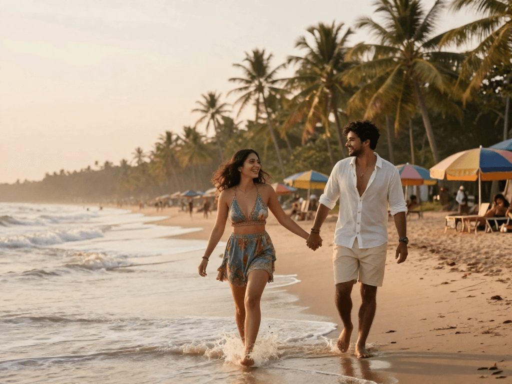 Call girls in Goa enjoying a sunset beach walk, showcasing vibrant atmosphere and elegance.