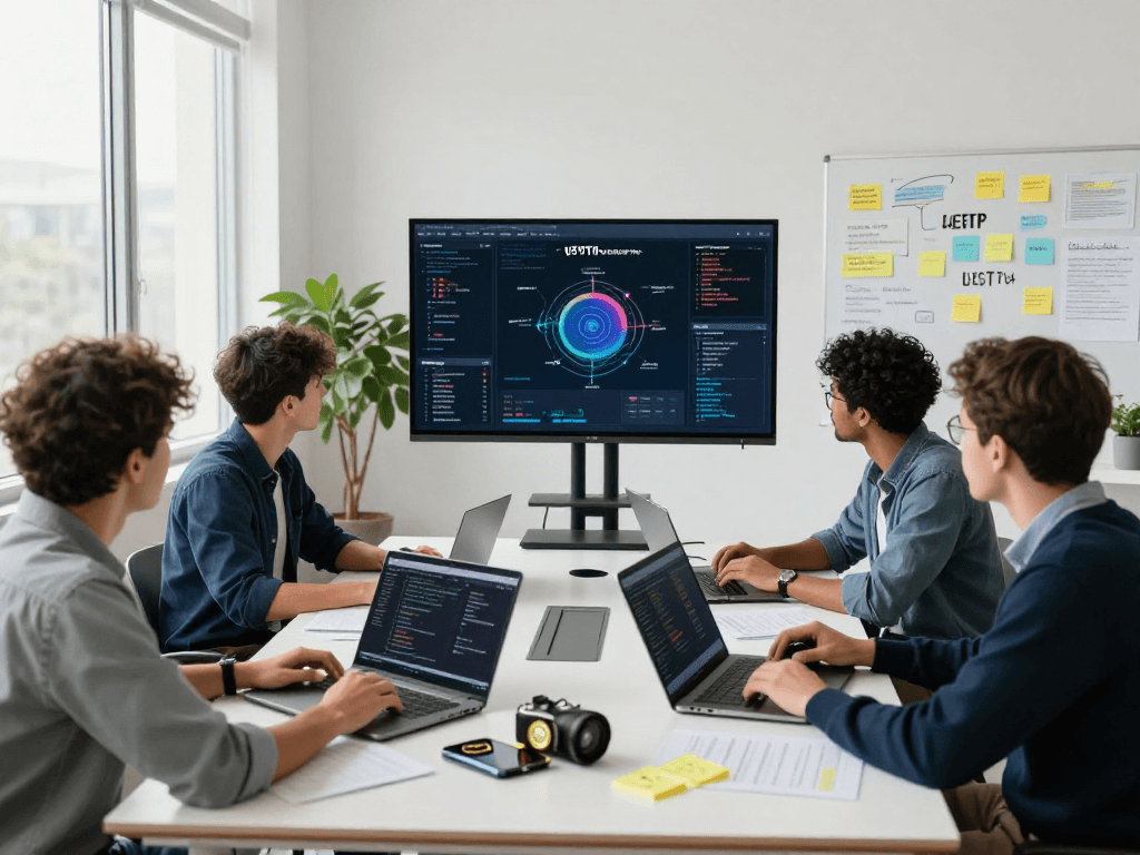 Team collaborating on USDT0 stablecoin project in a modern workspace, showcasing innovation and teamwork in blockchain finance.