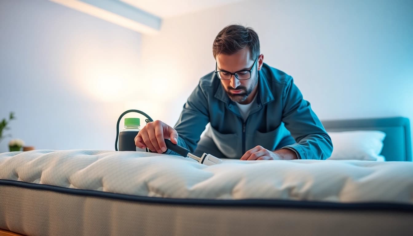 Effective bed bug removal process with a technician inspecting a mattress in a clean room.