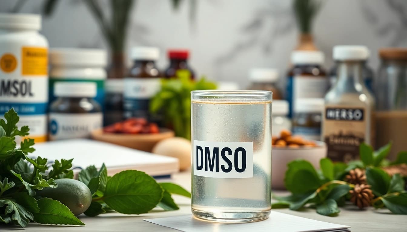 Explore the benefits of drinking dmso showcased through a glass of DMSO and health supplements.