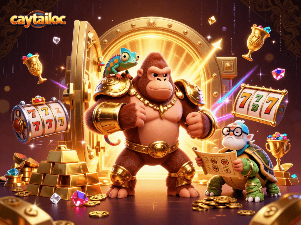 Spin for winnings in caytailoc, featuring a gorilla in armor, gems, and vibrant casino elements.