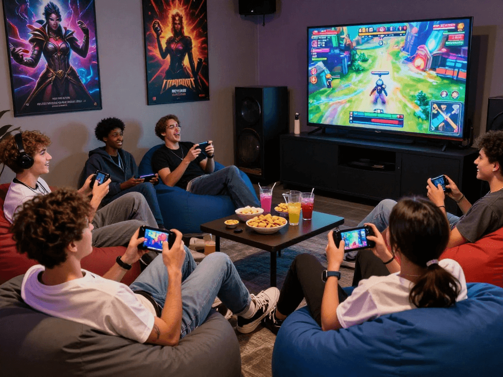 Group enjoying interactive sex games in a lively gaming lounge.