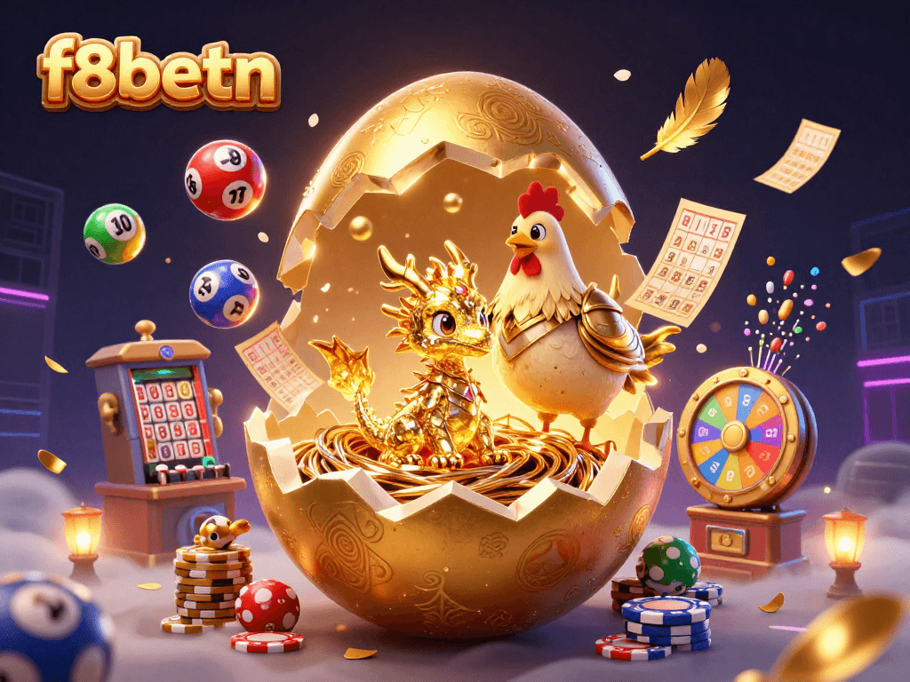 Experience f8betn with a vibrant illustration of a golden dragon amid exciting casino games and dynamic elements.