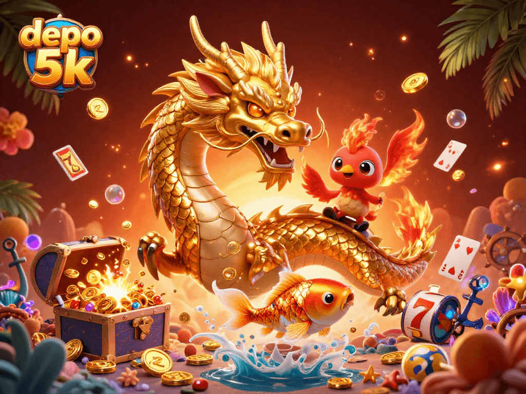 Experience the thrill of depo 5k slots with a majestic dragon and phoenix surrounded by golden coins.