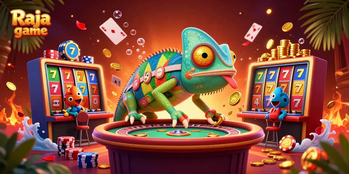 Engage with thrilling gambling action on Raja game, where a colorful chameleon casino owner awaits amidst vibrant slot reels and dynamic elements.