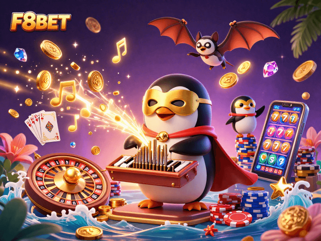 Experience F8BET's thrilling gaming atmosphere with golden coins erupting in a vibrant casino scene.