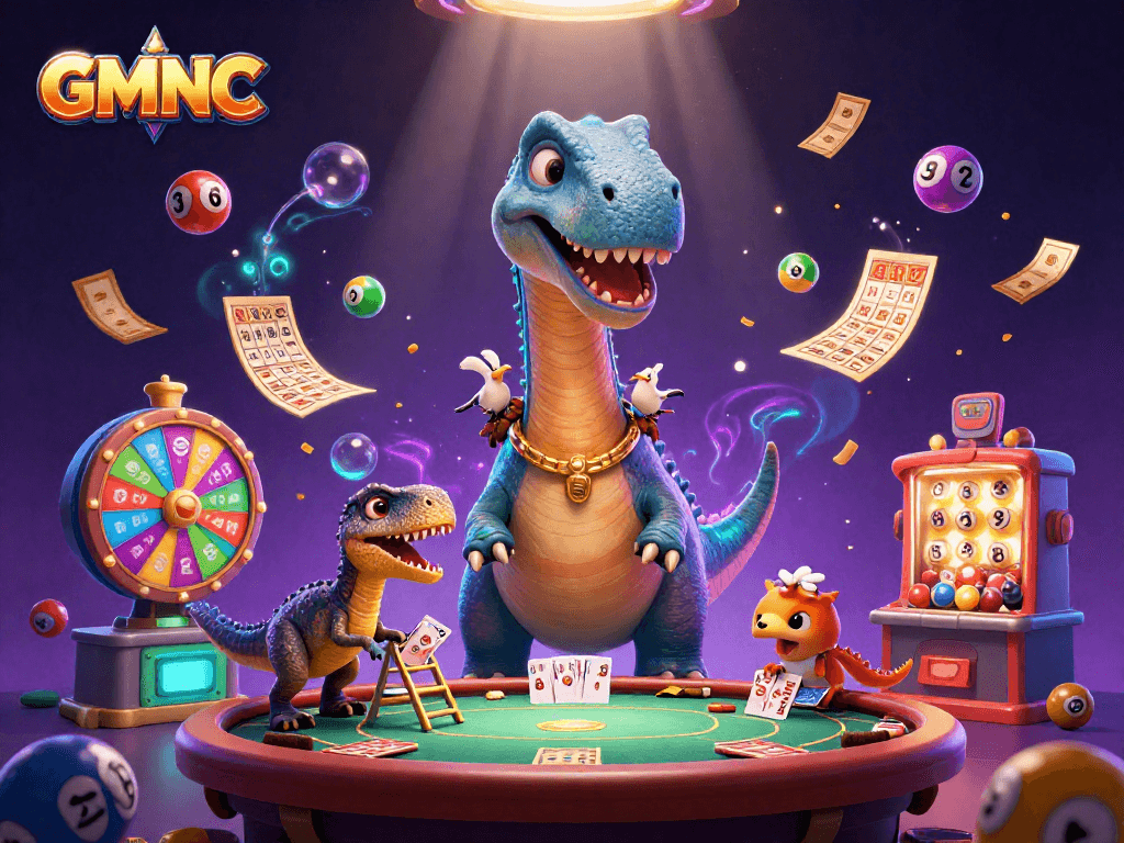 Engage with vibrant gaming elements in the GMNC casino illustration featuring a playful scene.