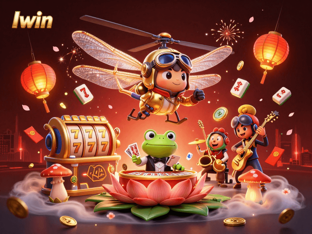 Iwin's vibrant 3D casino scene features engaging characters with dynamic slot elements and festive decorations.