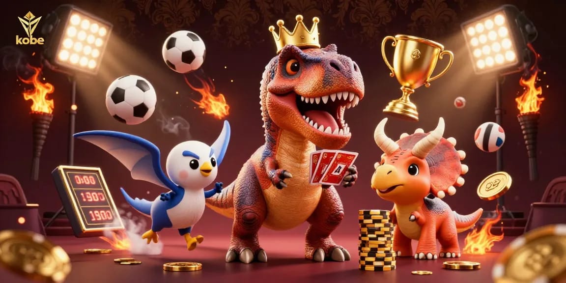 Kobe T-Rex deals cards with assistance, surrounded by sports elements and golden chips in a dynamic casino scene.