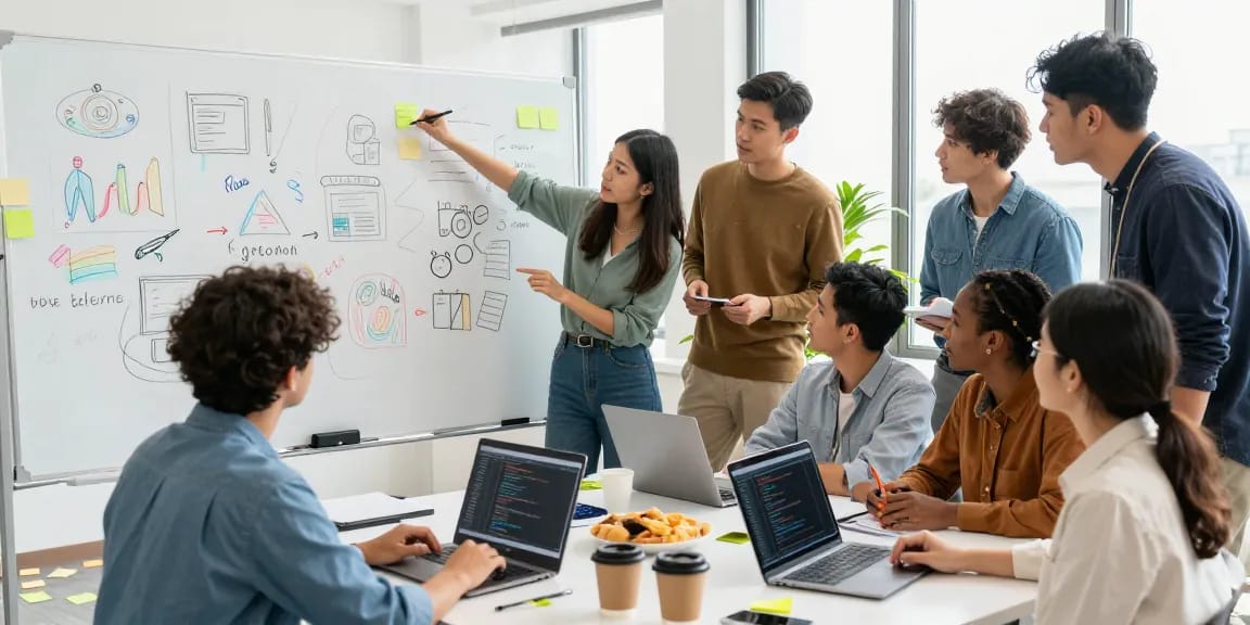 Team collaborating at https://www.www456bd.com/ workspace with laptops, whiteboard, and coffee.