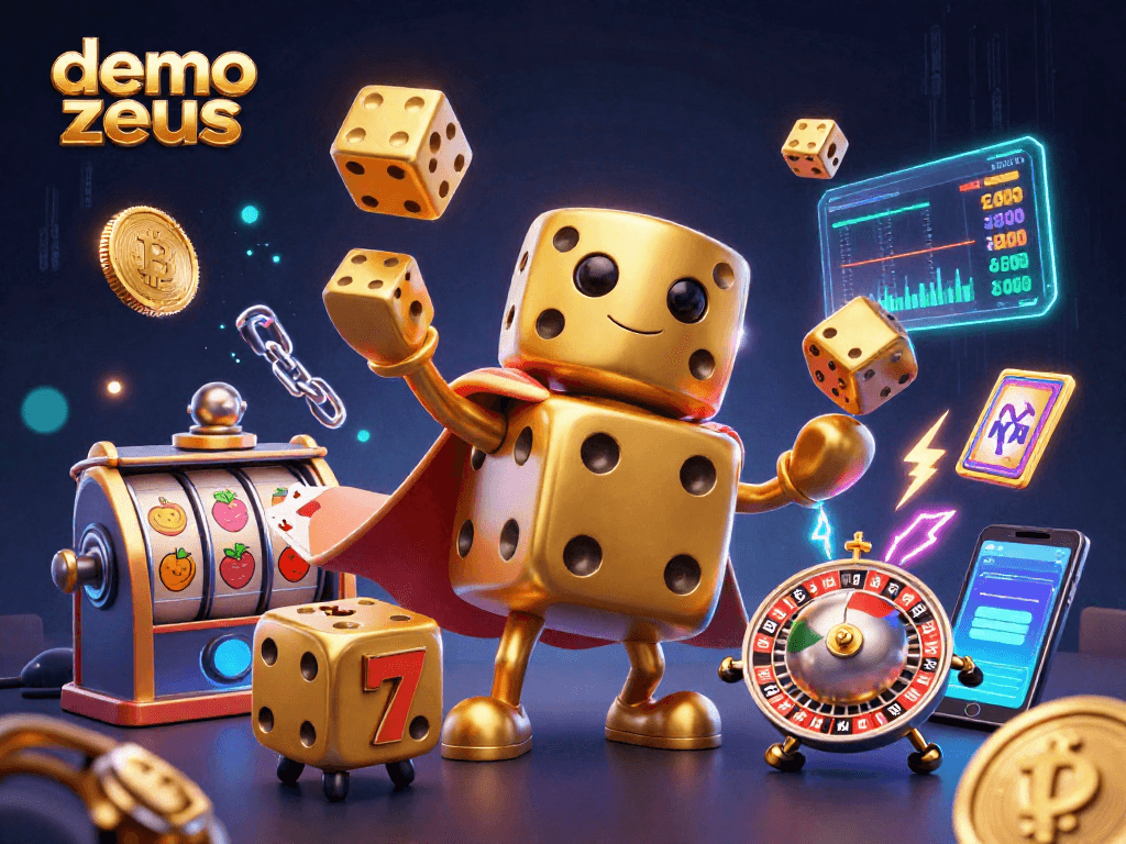 Aksi menarik demo zeus dalam ilustrasi 3D menggambarkan golem dadu emas yang menjatuhkan dadu sambil dikelilingi elemen kasino.