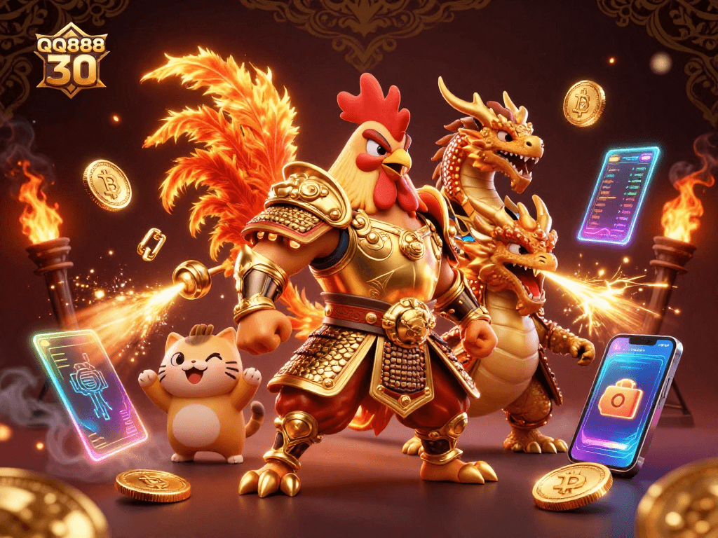 Engage in gaming action with QQ888 30, featuring a chicken warrior and dragon in a dazzling casino scene.