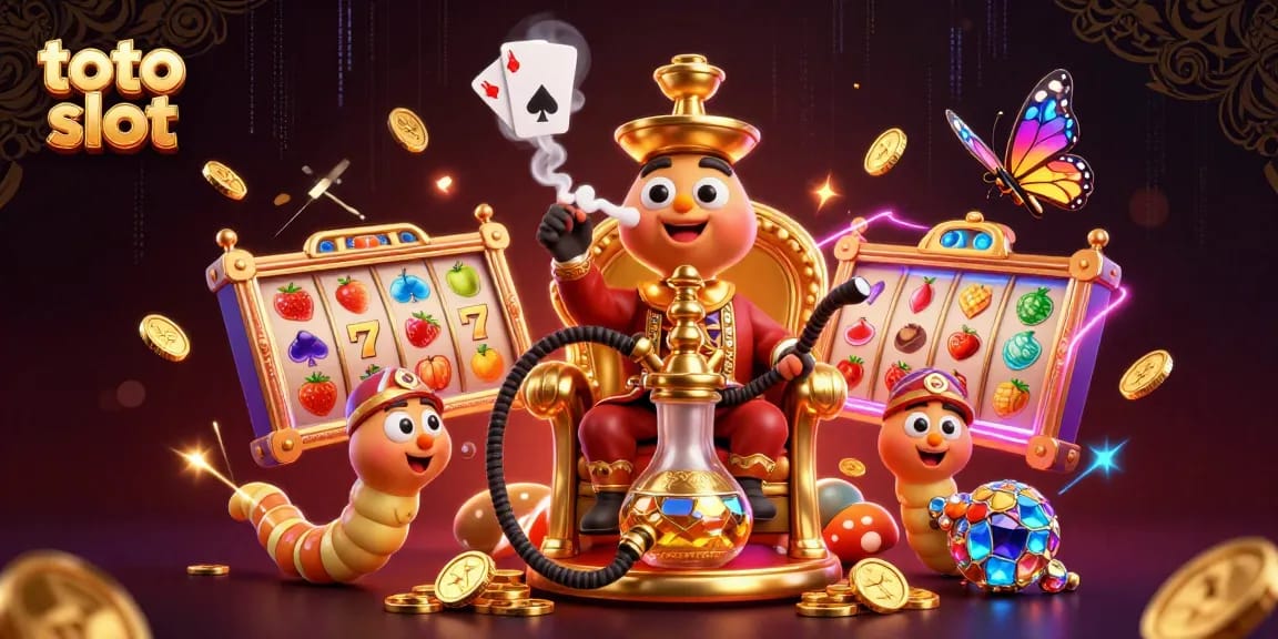 Memainkan toto slot dengan simbol buah cerah dan jackpot, dikelilingi koin emas dan karakter berwarna.