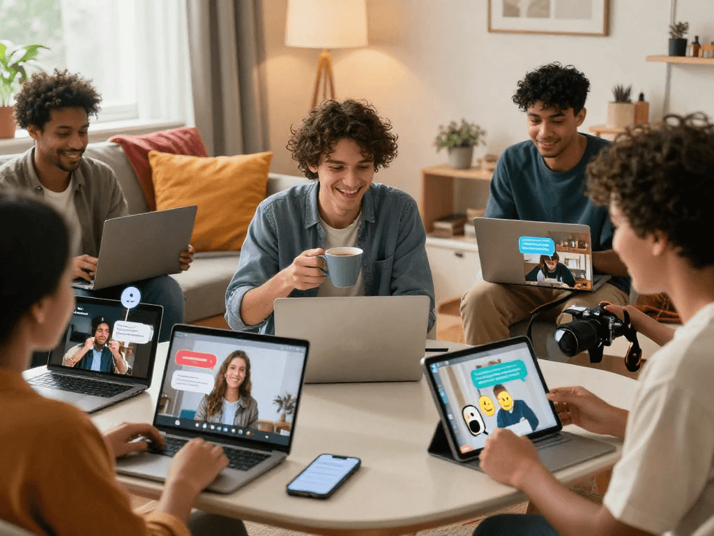 Engaging sex chat scene featuring diverse individuals interacting warmly in a cozy setting.