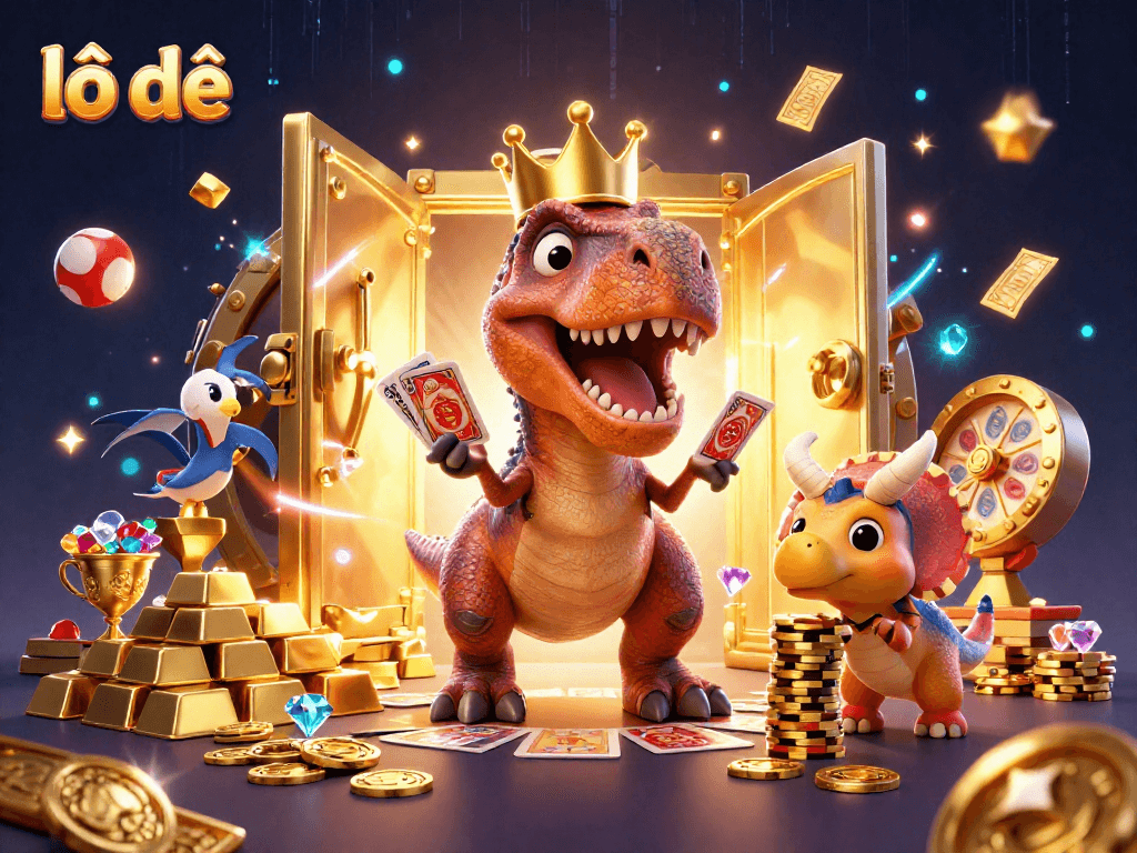 Engaging lô đề themed lottery scene with a T-Rex, lottery balls, and gold treasures.