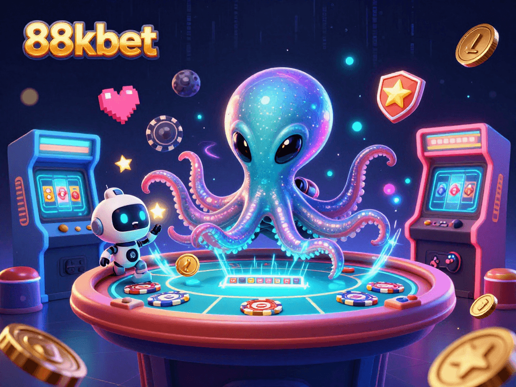 Engage in thrilling gameplay with 88kbet, where a whimsical octopus operates a holographic poker table amidst vibrant arcade elements.