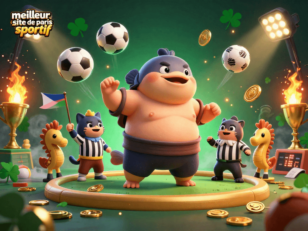 Placer des paris sur le meilleur site de paris sportif avec fugu sumo, arbitre poisson-chat, et supporters syngnathes.