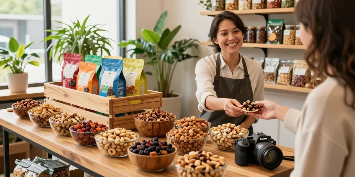 Experience M98 สล็อตเว็บตรงไม่ผ่านเอเย่นต์ with a variety of fresh nuts and dried fruits displayed in a vibrant e-commerce shop setting.