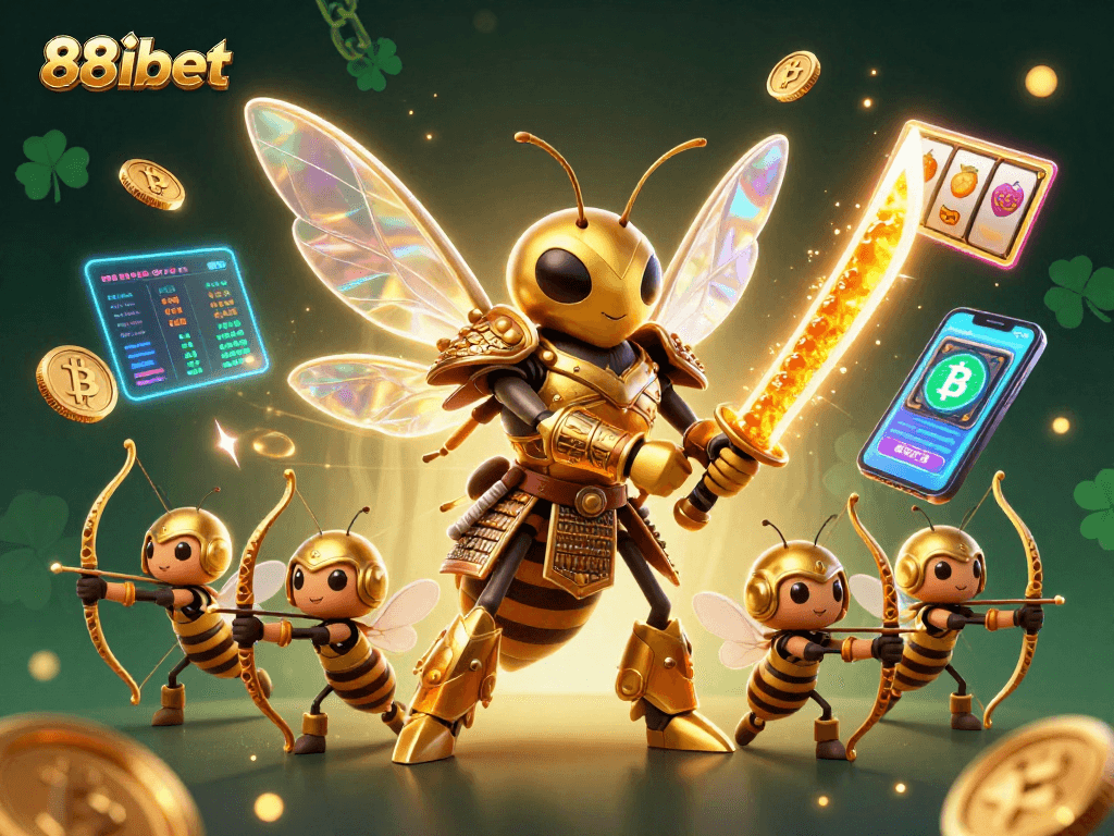 Engage in thrilling slots at 88ibet, featuring a captivating scene with golden hornets and vibrant crypto elements.