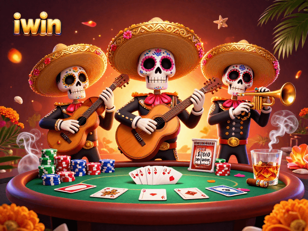 Experience the vibrant energy of iwin with a winning poker scene featuring festive mariachi band characters.