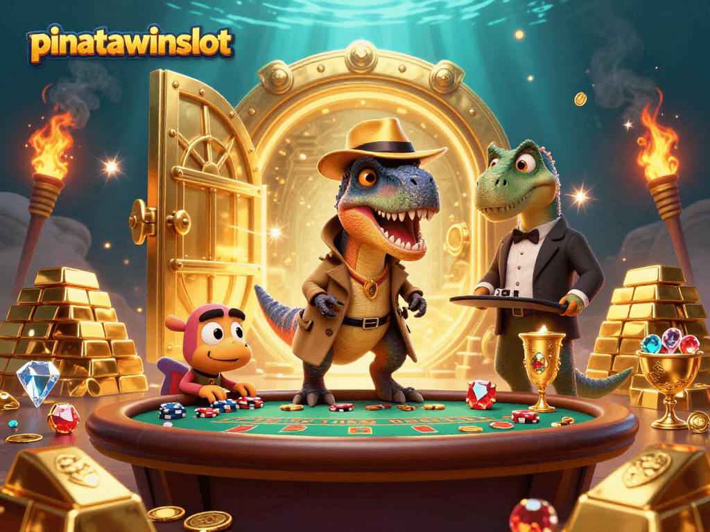 Experience thrilling gameplay with pinatawinsslot, as a velociraptor sneakily counts cards at a blackjack table.