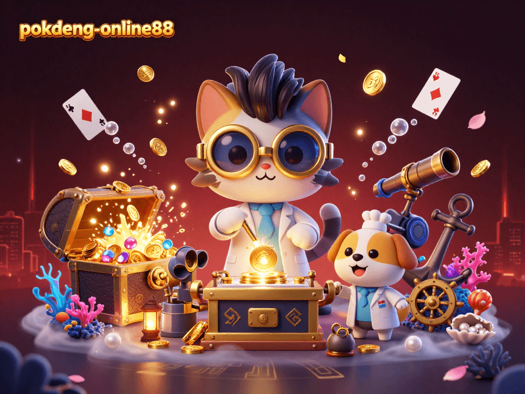 Experience the excitement of pokdeng-online88 with a 3D cartoon mad scientist cat and dog in a vibrant casino lab.