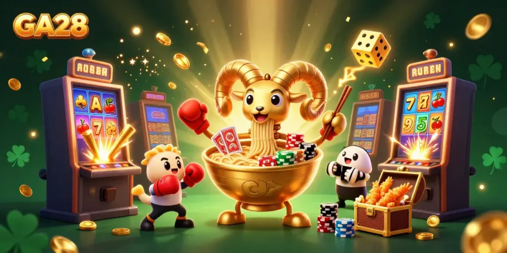 Engage in exciting game action with GA28's vibrant casino-themed illustration featuring unique characters and dynamic elements.