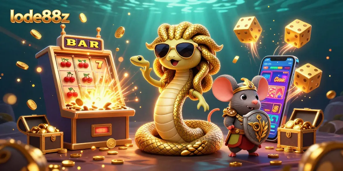 Experience excitement with lode88z as a friendly Medusa and warrior mouse celebrate big wins!