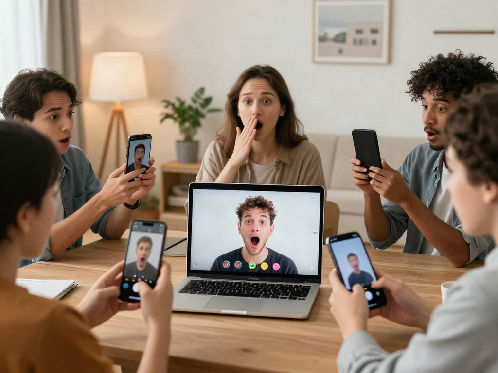 How old do I look? People engaging with a fun age estimation app in a lively home setting.