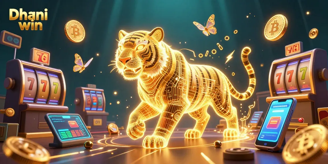 Dhani win's vibrant casino scene features a glowing tiger and butterfly companions surrounded by cryptocurrency elements and slot games.