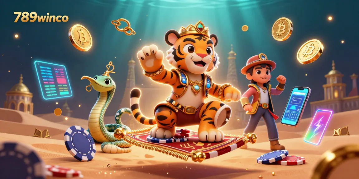 Experience the excitement of 789winco with a vibrant Arabian Nights-themed illustration showcasing a tiger sultan and crypto elements in casino style.