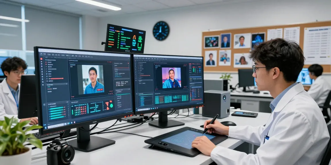 Data scientist analyzing AI-generated image detection technology in a modern lab.