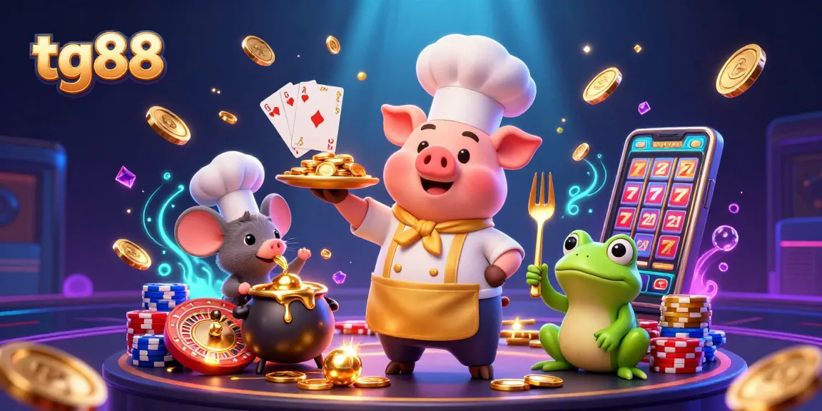 Experience tg88's vibrant casino atmosphere with pig chef serving golden coins and sparkling gems.