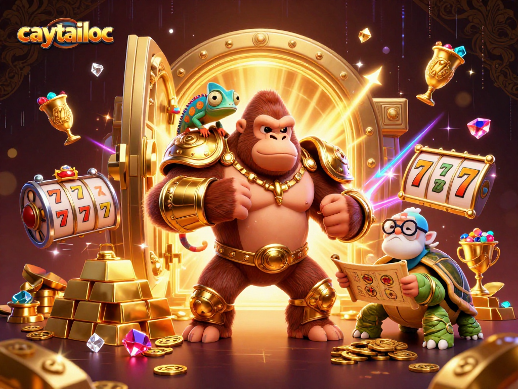 Spin for winnings in caytailoc, featuring a gorilla in armor, gems, and vibrant casino elements.