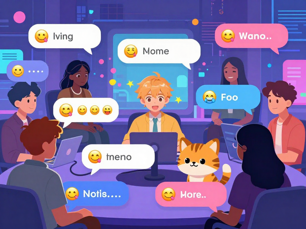 Dynamic scene of animated characters engaging in hentai chat, showcasing colorful bubbles and playful interactions in a digital environment.