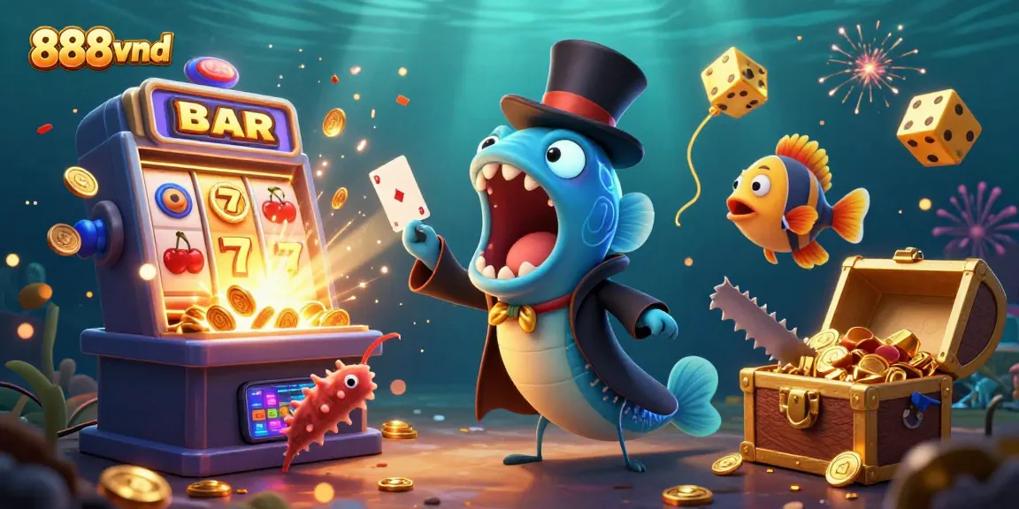 Experience the excitement of 888vnd's magical casino adventure with a bioluminescent eel and vibrant jackpot action!