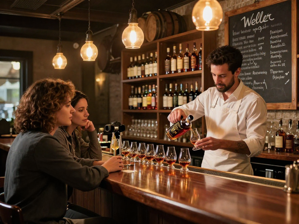 Weller Antique 107 Bourbon being poured at a rustic bar setting.