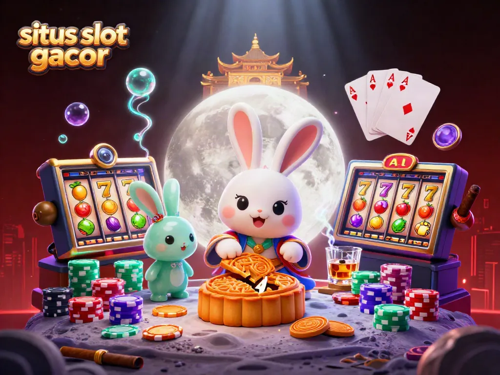 Ilustrasi 3D situs slot gacor dengan karakter kelinci bulan dan elemen kasino yang menakjubkan.
