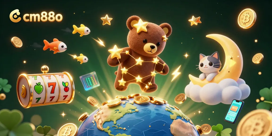 Spin the reels and win with cm88o, featuring a vibrant, packed 3D casino scene.