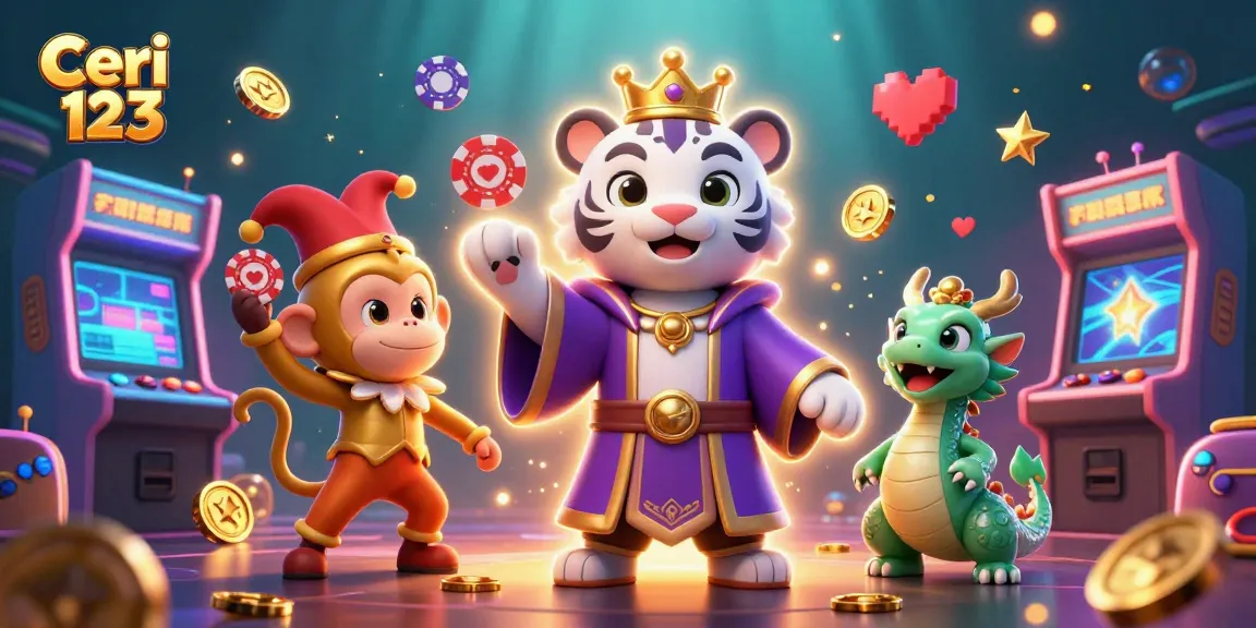 Win big with Ceri 123 as the white tiger, monkey, and dragon celebrate casino success in this vibrant illustration.