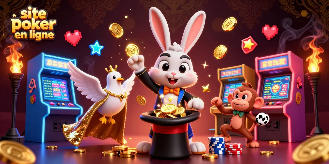 Jouer sur un site poker en ligne avec un lapin magicien et des pièces d'or, ambiance festive.