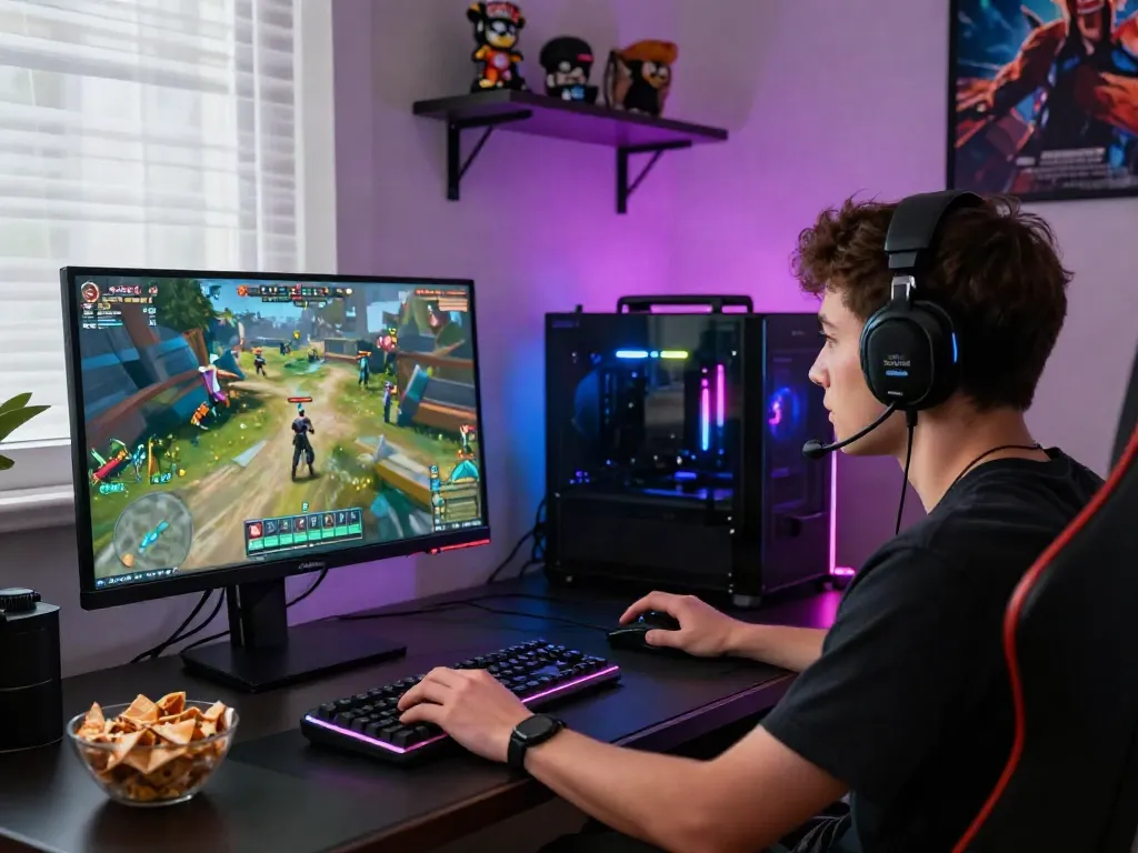 Pemain terfokus pada platform diana4d di meja gaming dengan pencahayaan RGB, tampilan grafis menarik.