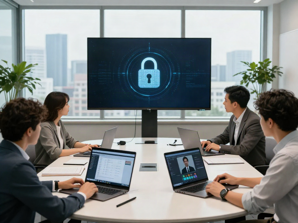 Deepfake protected meetings in a modern conference room with engaged professionals.