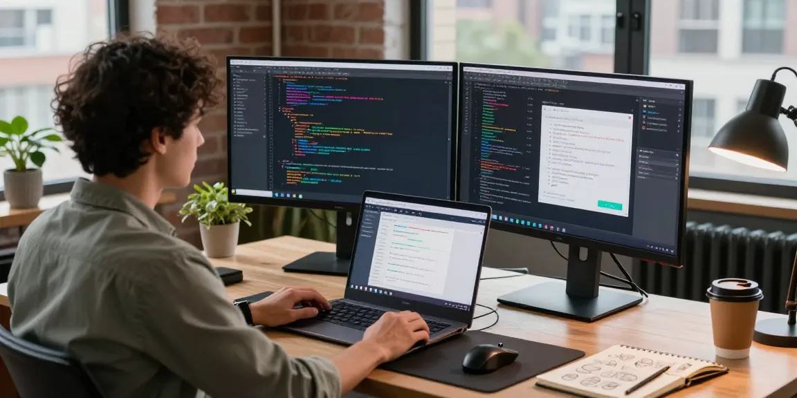 Software developer coding on dual monitors at https://www.bdtjl.app/ in a modern tech workspace with city views.