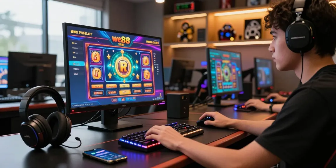 Engaged player enjoying we88 PGSLOT at a modern gaming setup with colorful graphics.