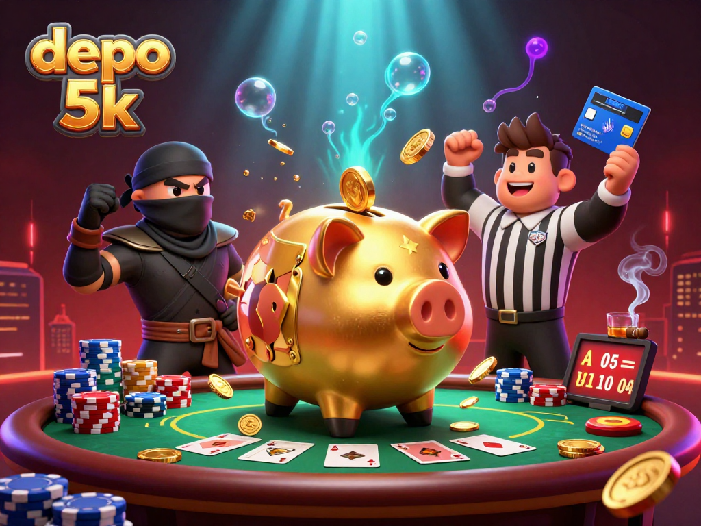 Experience the excitement of depo 5k with vibrant poker action featuring animated golden piggy bank and ninja characters.