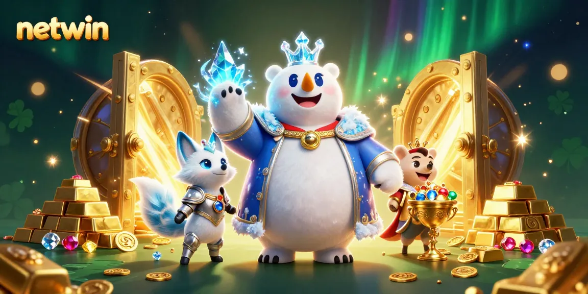 Experience netwin's vibrant energy with a cartoon polar bear king and a silver fox amidst shining treasure.