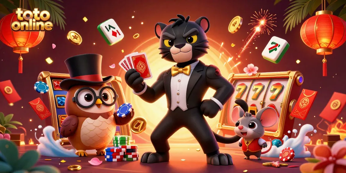 Permainan toto online yang menarik dengan kartu dan chip di tengah panther 3D, burung hantu, dan tikus.