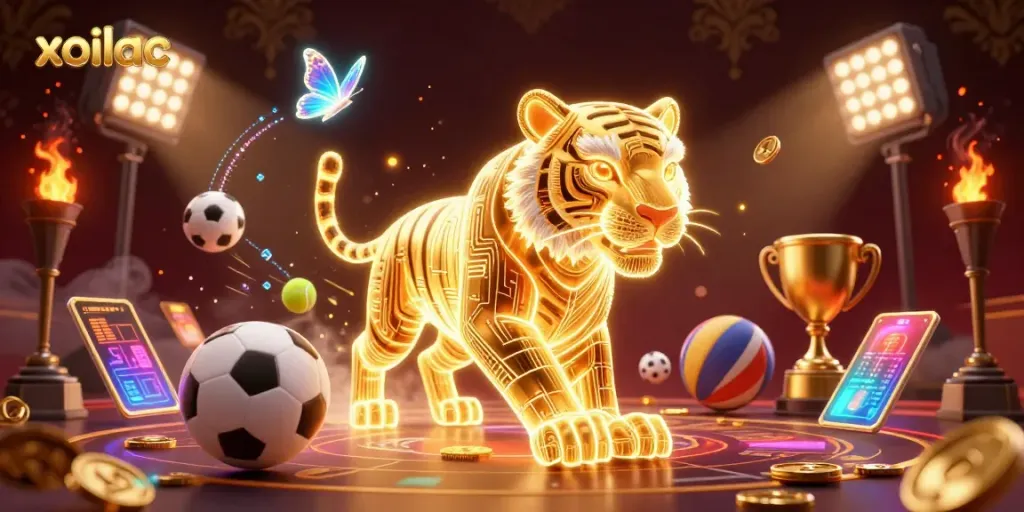 Experience the vibrant energy of xoilac in this dynamic 3D casino landscape filled with sports elements.