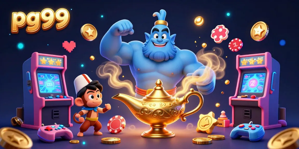 Experience the magic of pg99 with a vibrant casino scene featuring a cartoon genie, poker chips, and arcade elements.